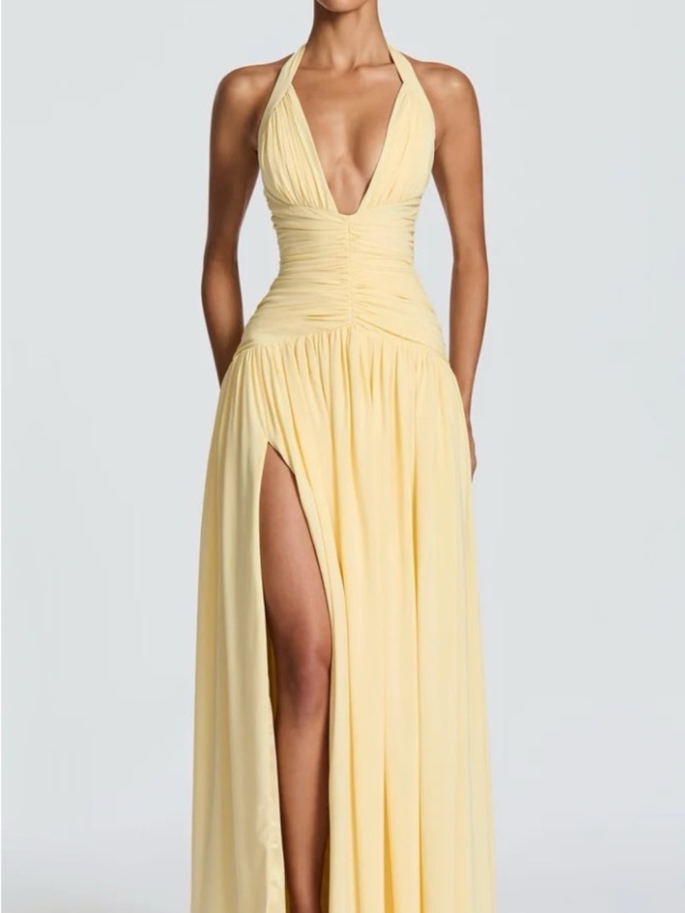 Plunging Halter Maxi Dress in Pale Yellow